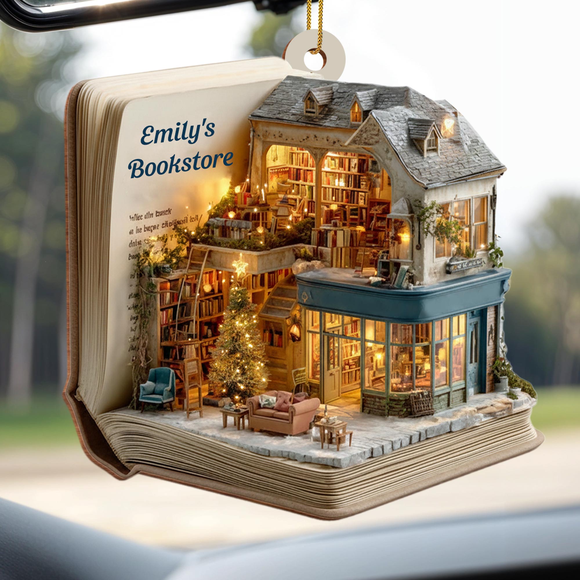 A Cozy Bookstore Scene, Christmas Lights - Personalized Custom Wood Ornament, Custom Shaped - BLV075_WDO