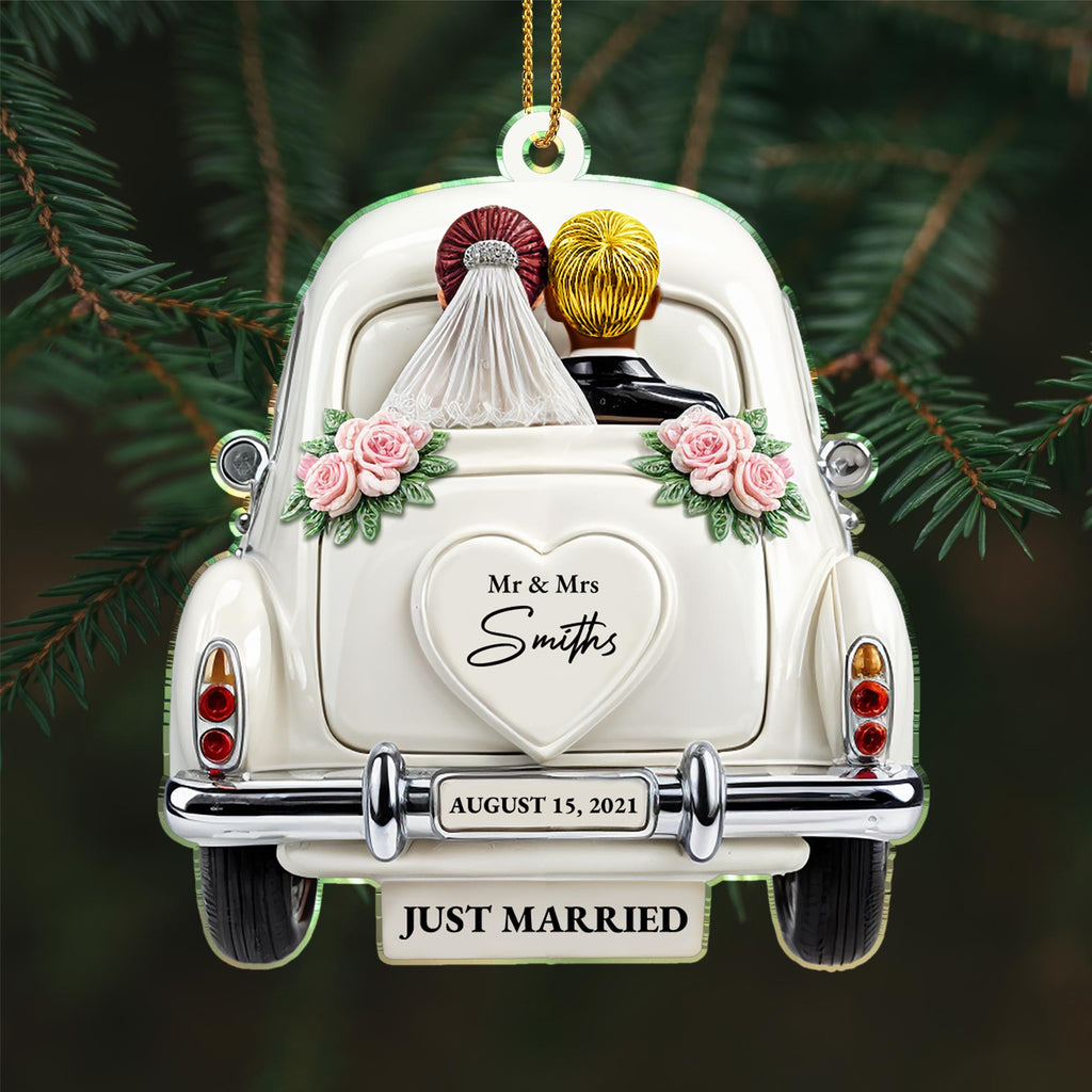 Just Married Newlyweds In Wedding Car