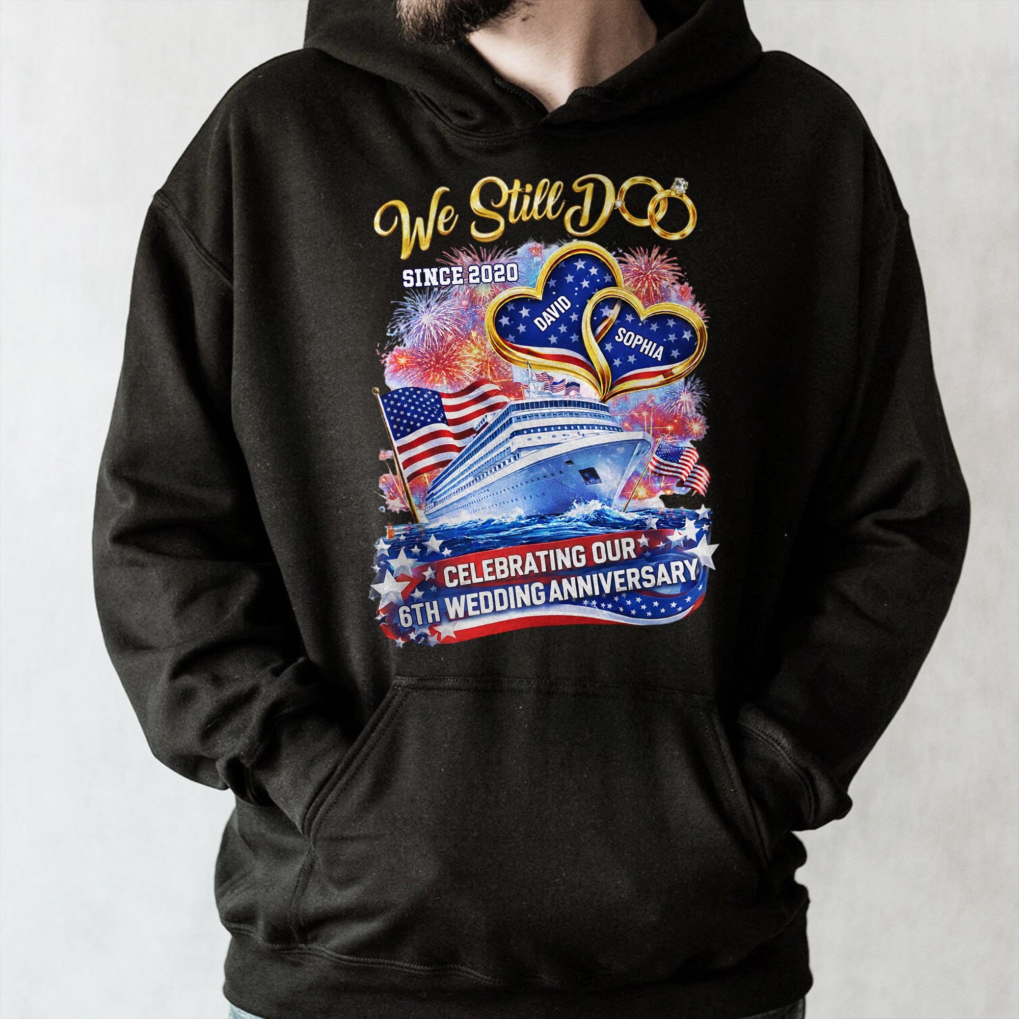 We Still Do Wedding Anniversary Cruise Ship With American Flag And Hearts - Personalized Custom Unisex T-shirt, Hoodie - CPL1412_BBAS