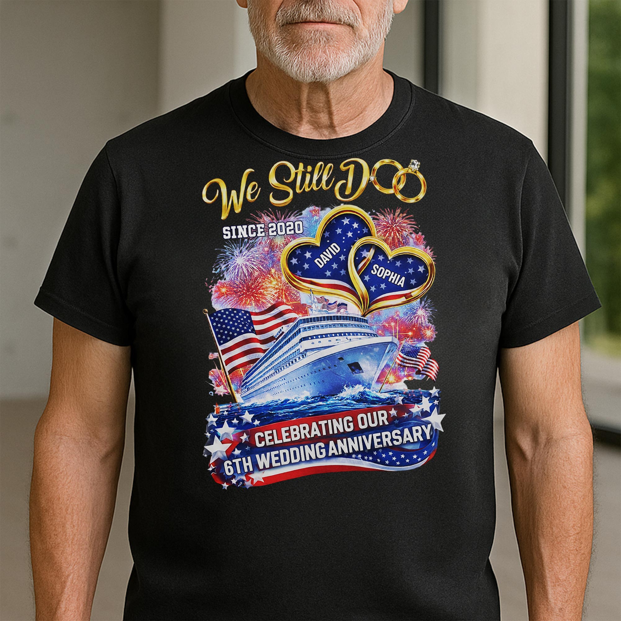 We Still Do Wedding Anniversary Cruise Ship With American Flag And Hearts - Personalized Custom Unisex T-shirt, Hoodie - CPL1412_BBAS