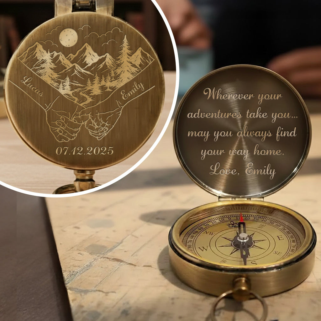 Wherever Your Adventures Take You Holding Hands Mountain Forest Scene - Personalized Engraved Brass Compass - CPL1413_ECPASS