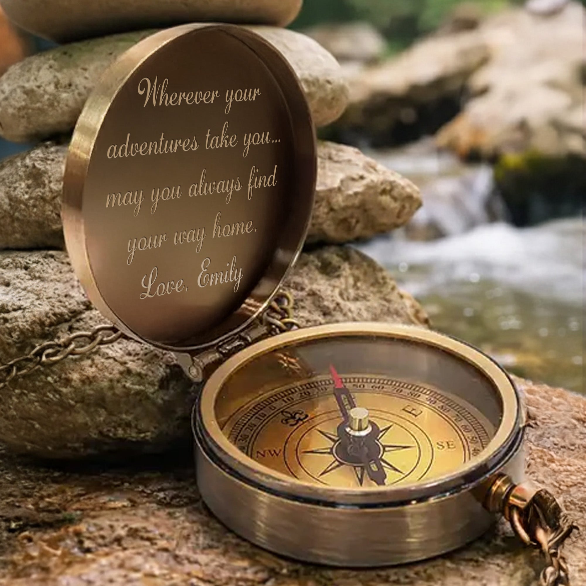 Wherever Your Adventures Take You Holding Hands Mountain Forest Scene - Personalized Engraved Brass Compass - CPL1413_ECPASS