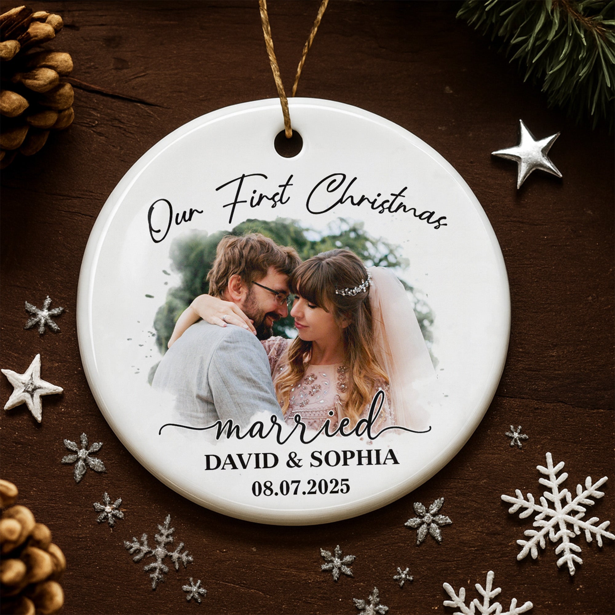 Our First Christmas Married, Wedding Couple - Personalized Custom Ceramic Ornament With Round Shape - CPL540_RCE