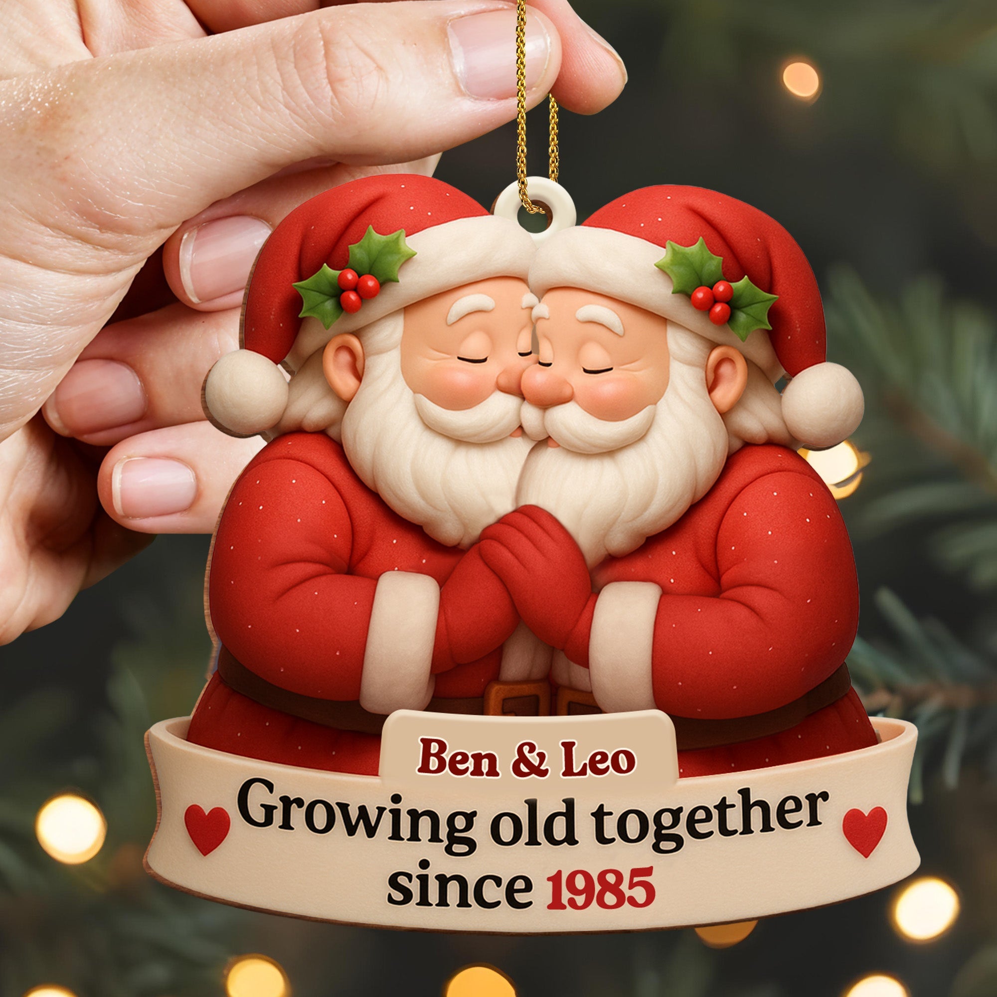 Growing Old Together, Santa Hats And Hearts - Personalized Custom Wood Ornament, Custom Shaped - CPL623_WDO