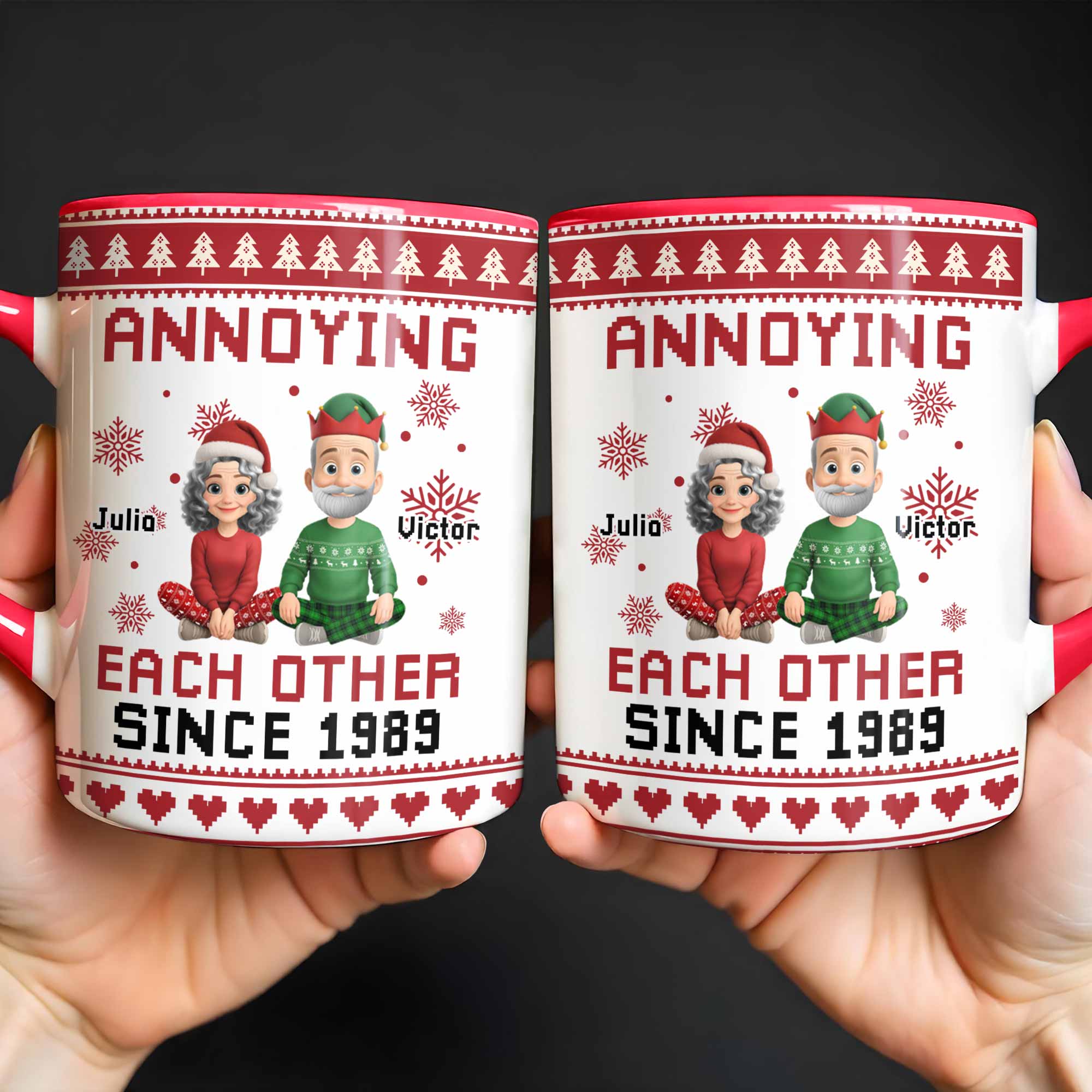 Annoying Each Other Since 1989, Christmas Elves and Snowflakes Mug