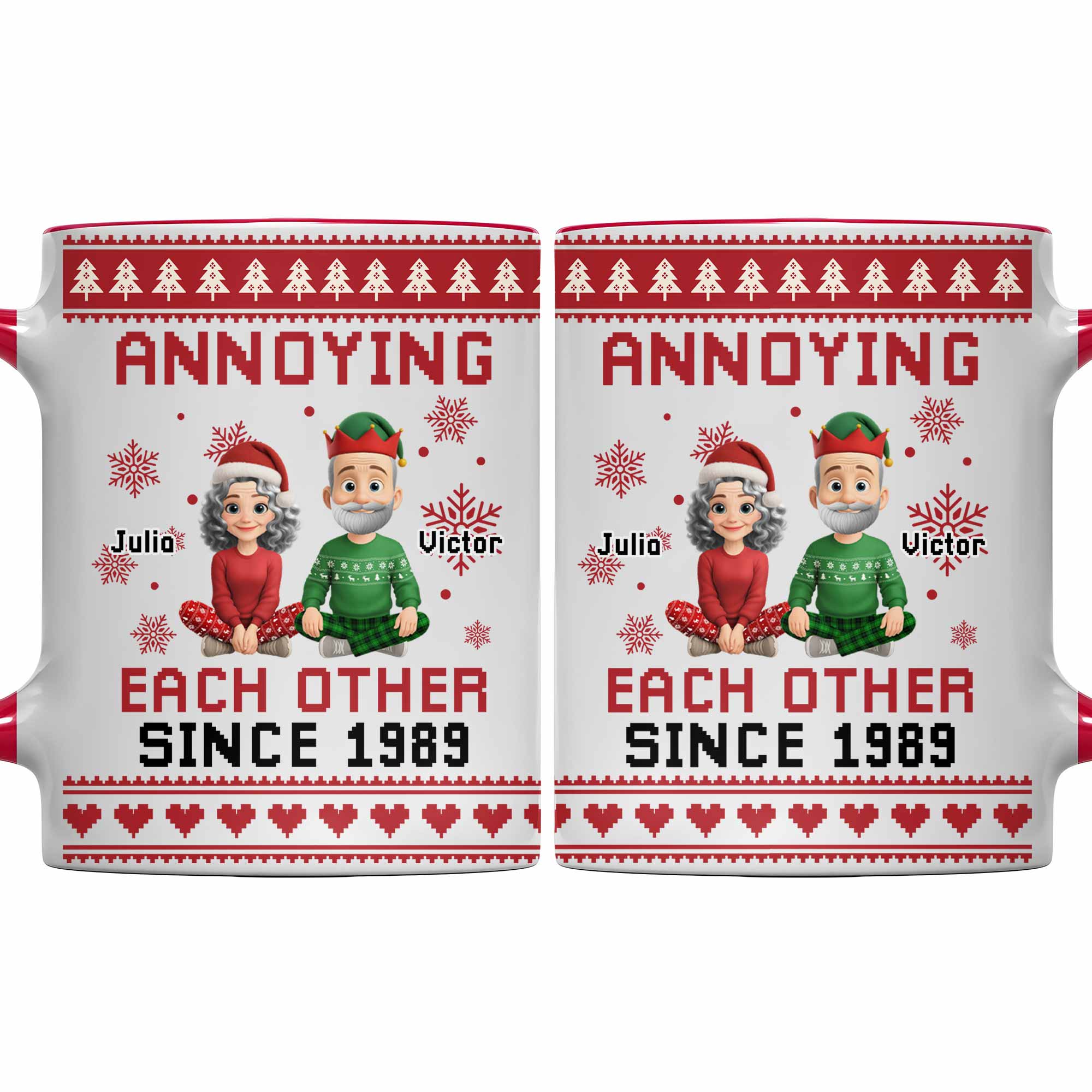 Annoying Each Other Since 1989, Christmas Elves and Snowflakes Mug