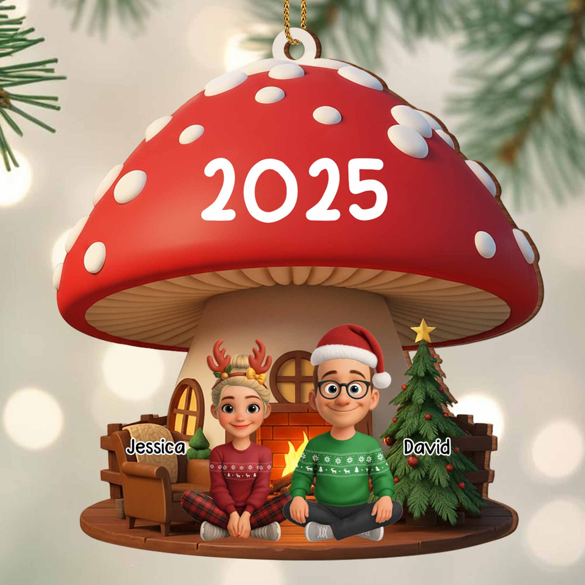 Customizable Christmas Mushroom Ornament With Tree And Presents