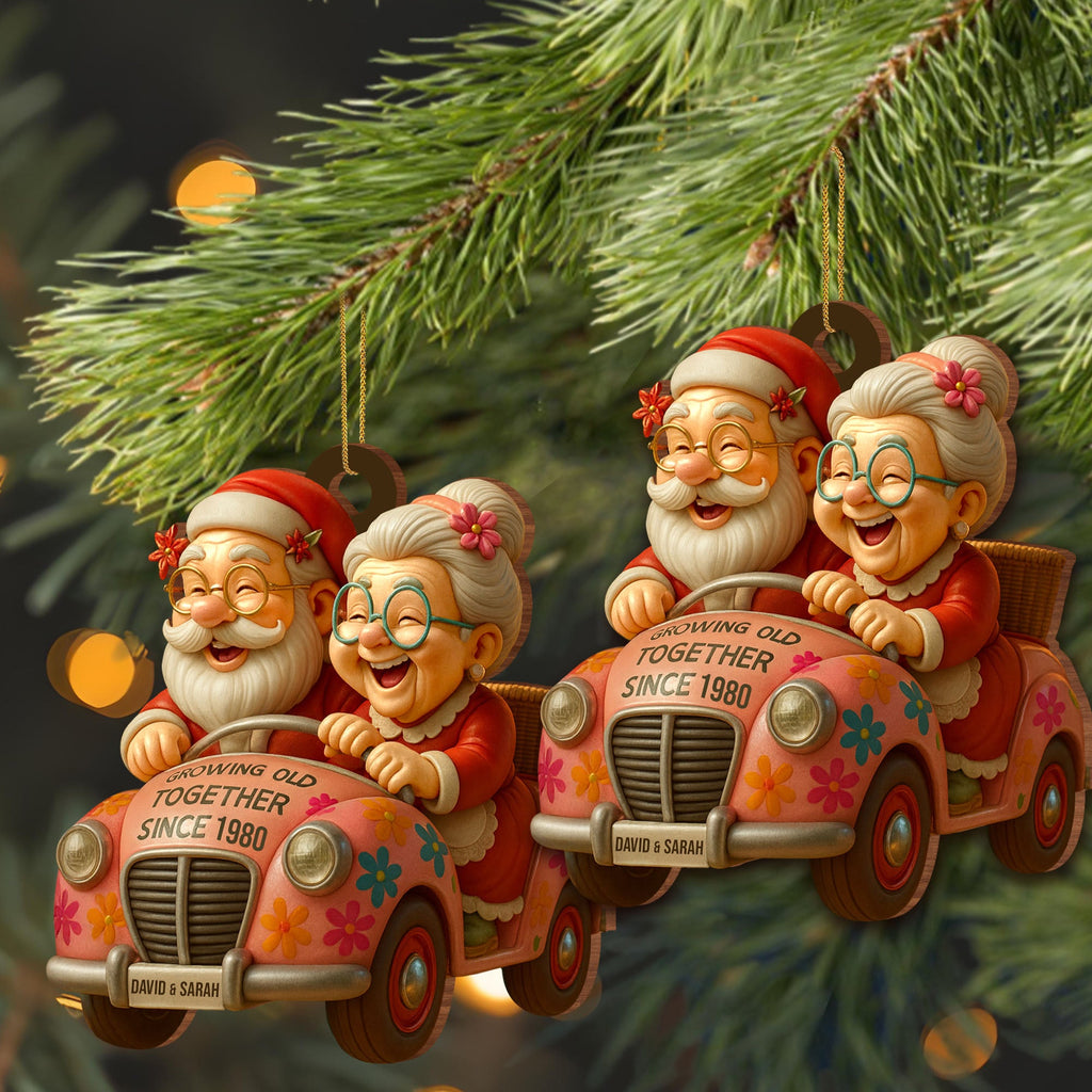 Growing Old Together, Elderly Couple In Vintage Car - Personalized Custom Wood Ornament, Custom Shaped - CPL764_WDO