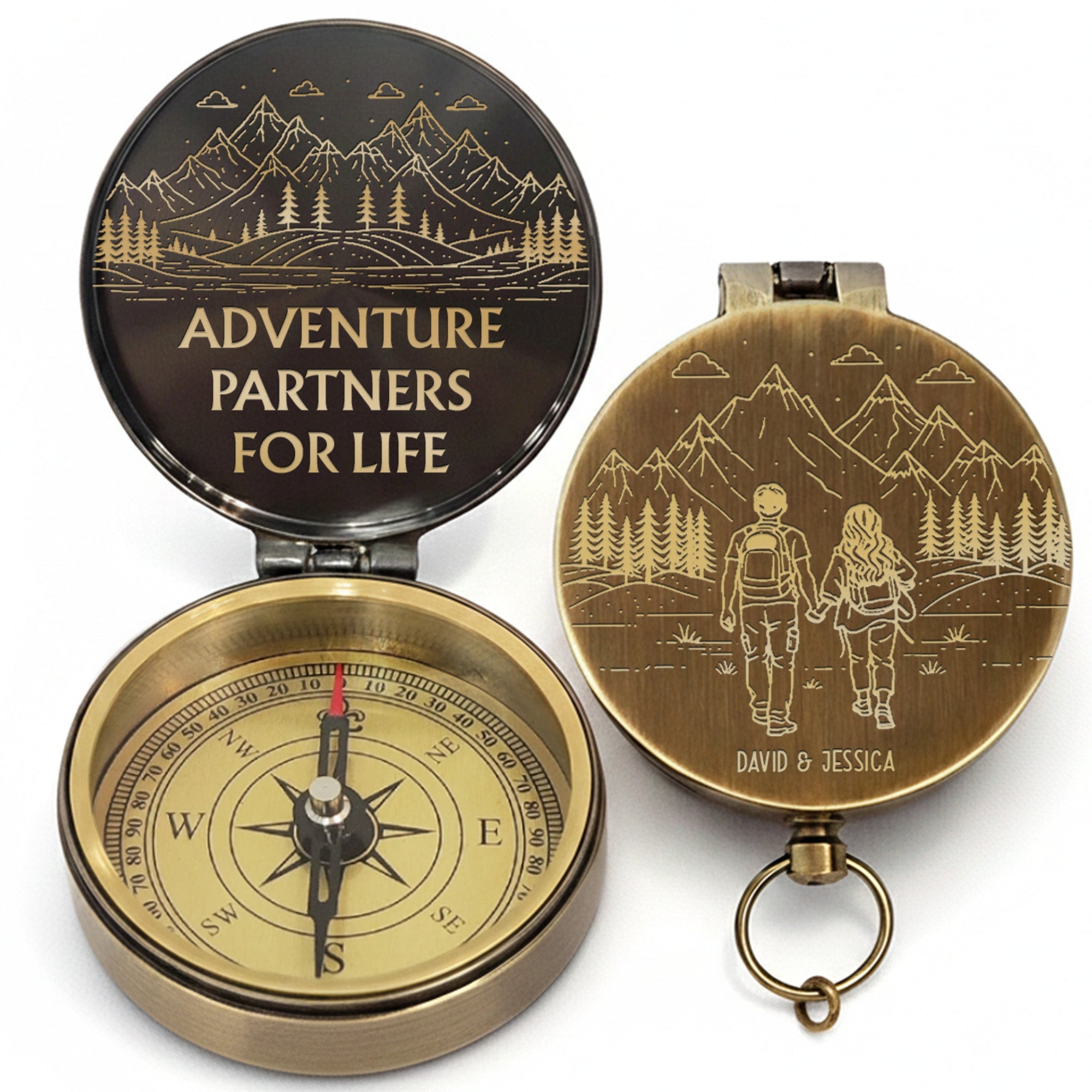 Adventure Partners For Life Mountains And Hiking Couple Engraved Brass Compass - Personalized Engraved Brass Compass - CPL839_ECPASS