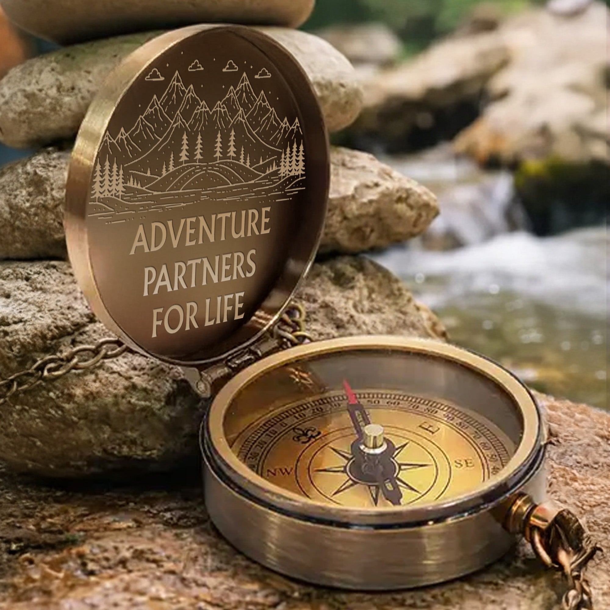 Adventure Partners For Life Mountains And Hiking Couple Engraved Brass Compass - Personalized Engraved Brass Compass - CPL839_ECPASS