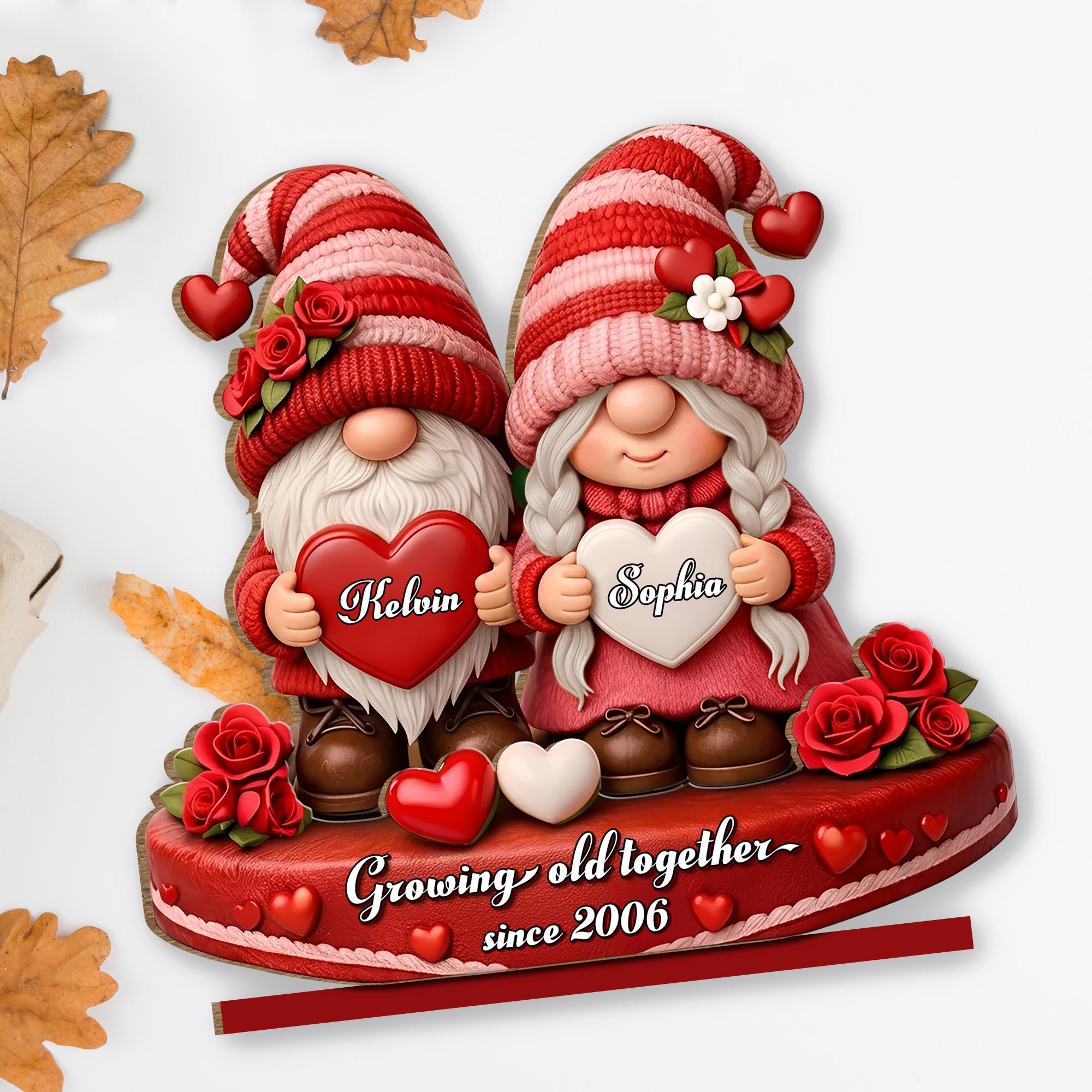 Growing Old Together, Gnomes With Hearts And Roses - Personalized Custom 2-Layer Wood Plaque With Flat Base - CPL979_WPLA