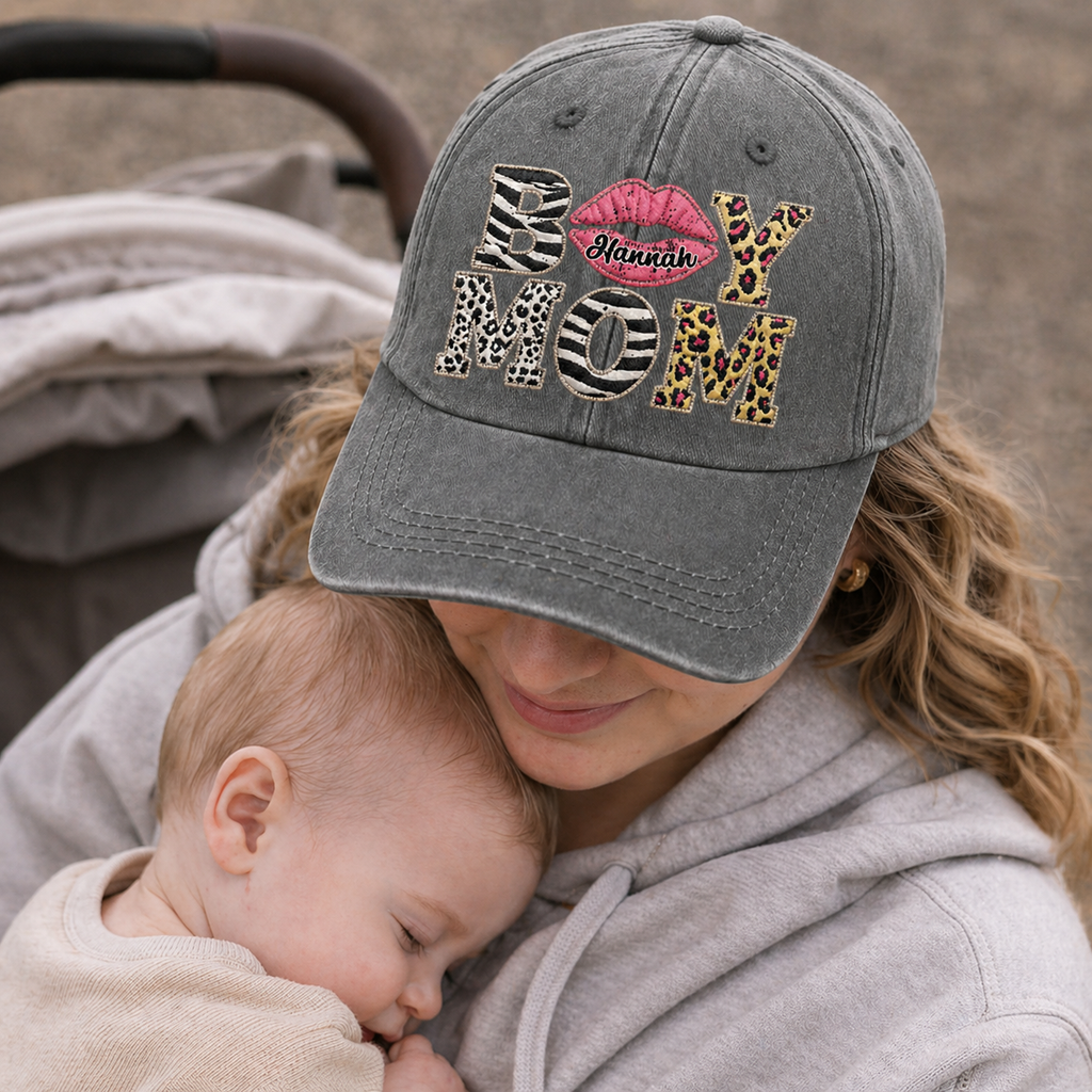 Boy Mom With Lips And Leopard Pattern - Personalized Custom Washed Denim Cap - MOM398_WDCAP