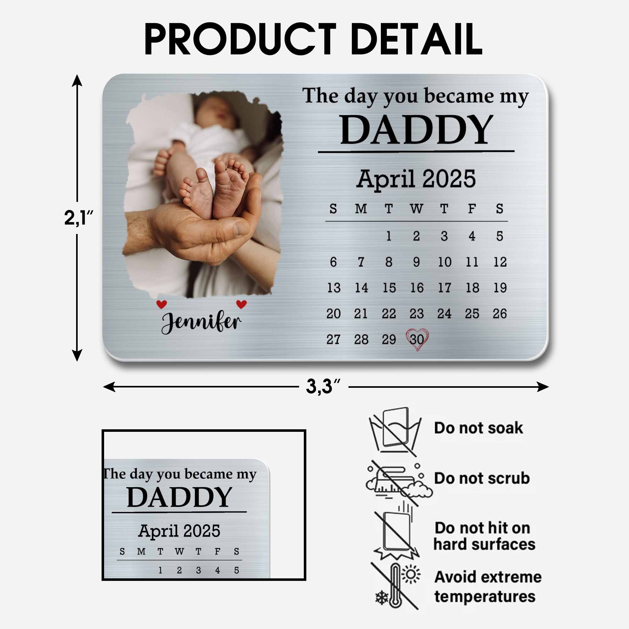 The Day You Became My Daddy, Baby Feet and Calendar Design - Personalized Aluminum Wallet Card - DAD112_ALCA