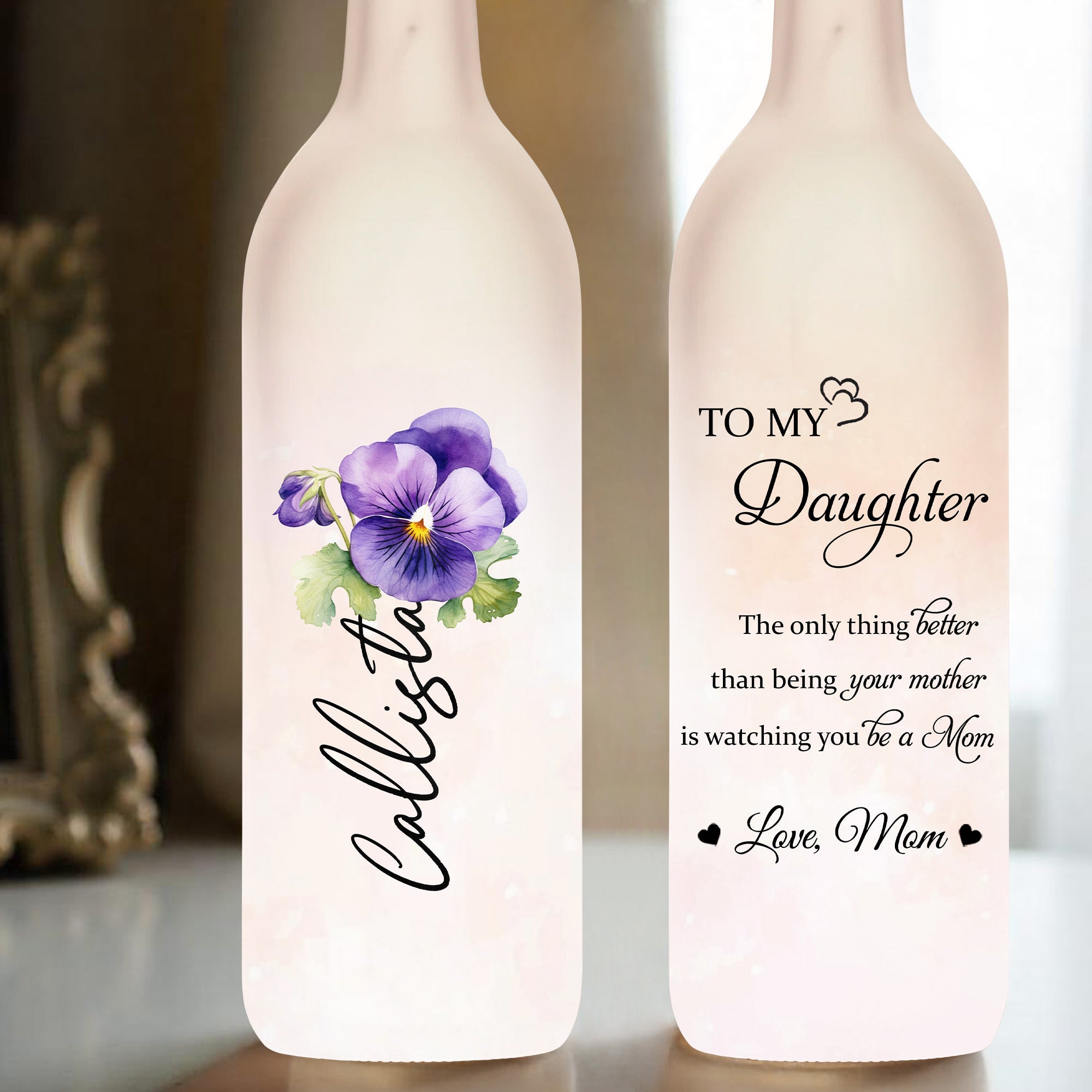 To My Daughter, Flowers And Love - Personalized Bottle Lamp - DAU079_BTL