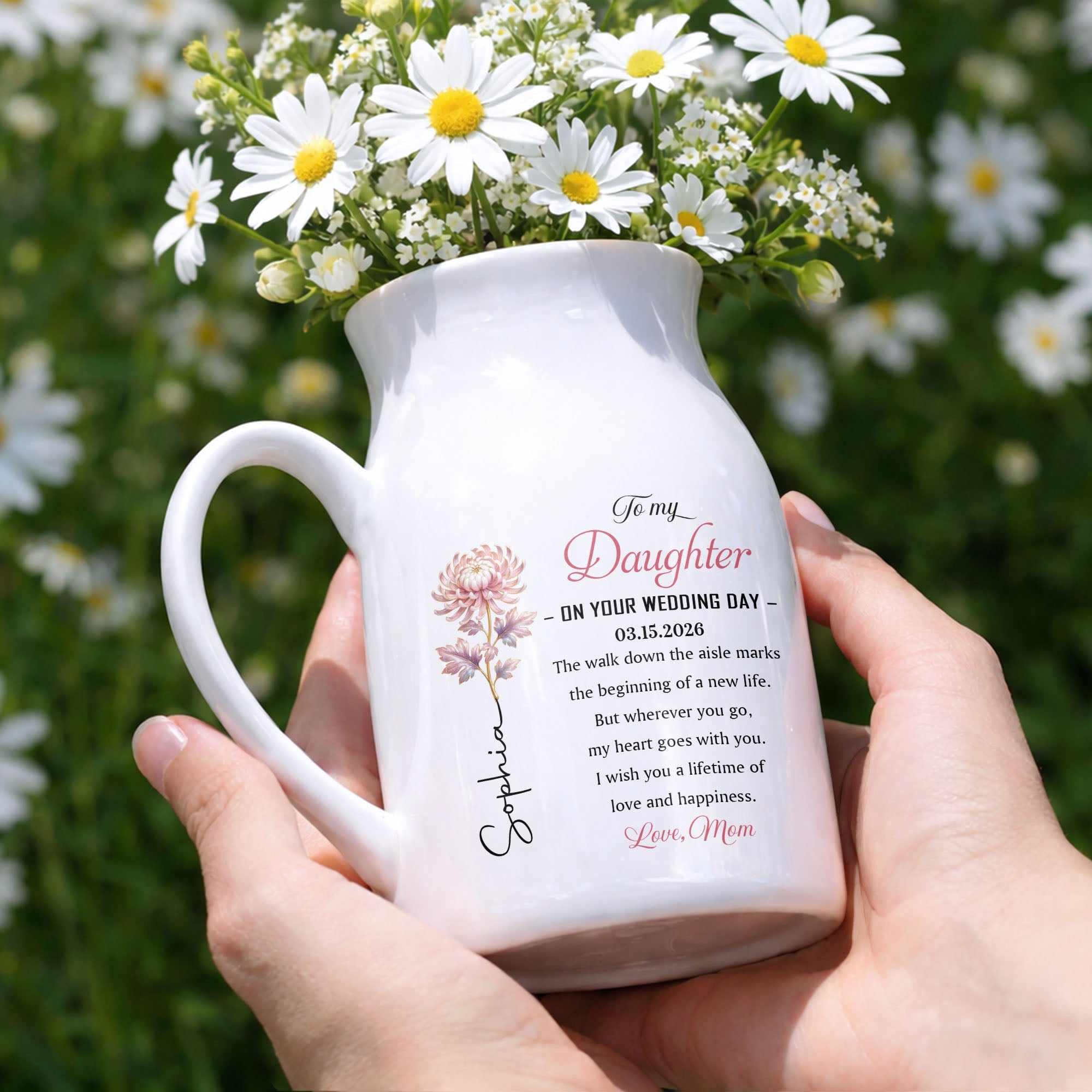 To My Daughter On Your Wedding Day Birth Month Flower - Personalized Ceramic Flower Vase - DAU354_CEV