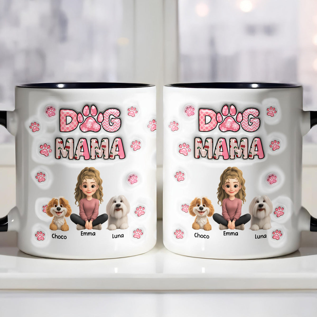 Dog Mom With Cute Cartoon Dogs and Paws Design