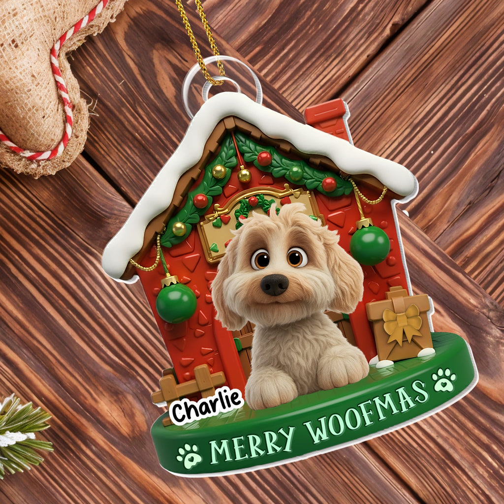 Merry Woofmas With Cute Dog In Decorated Doghouse
