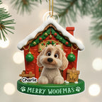 Merry Woofmas With Cute Dog In Decorated Doghouse