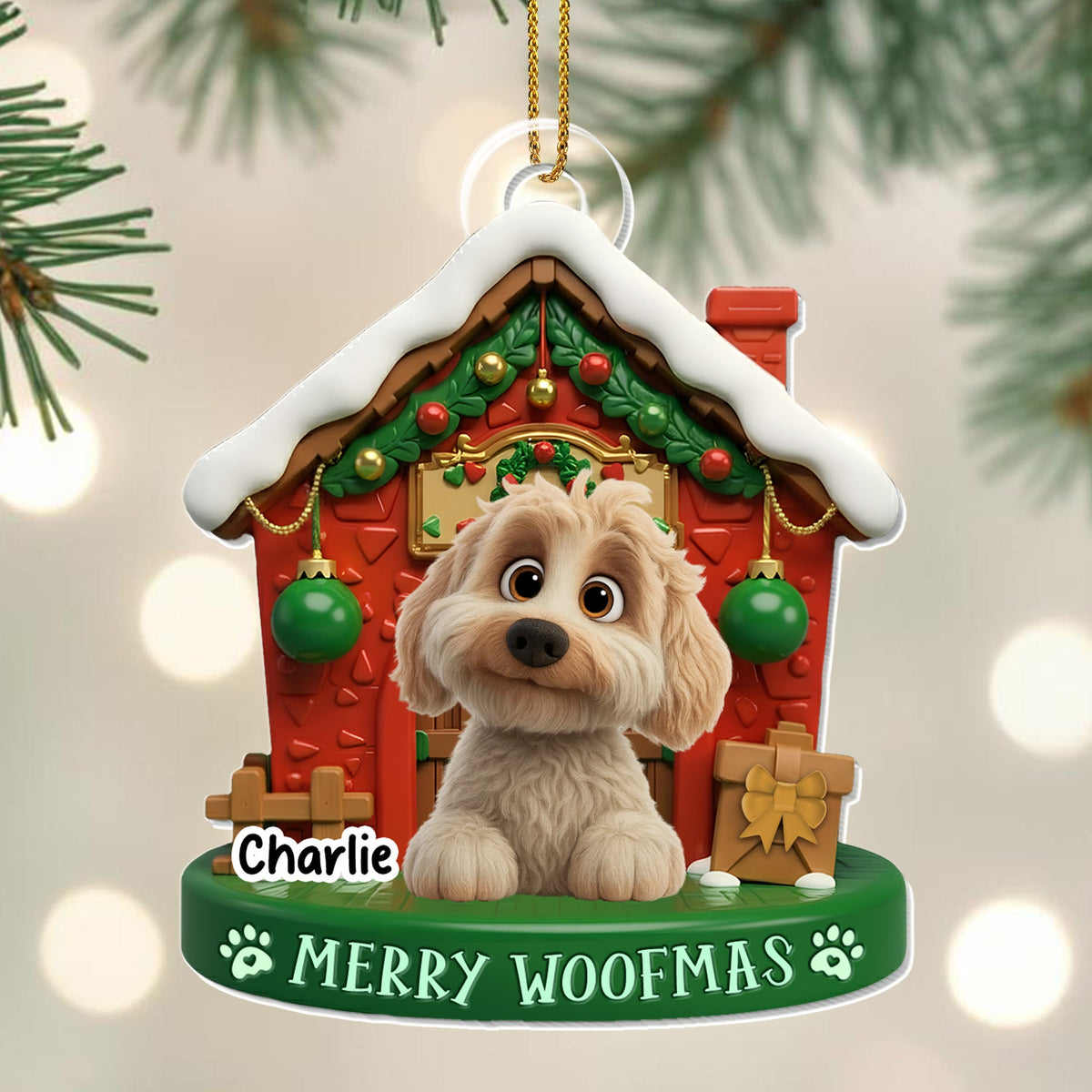 Merry Woofmas With Cute Dog In Decorated Doghouse