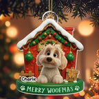 Merry Woofmas With Cute Dog In Decorated Doghouse