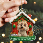 Merry Woofmas With Cute Dog In Decorated Doghouse