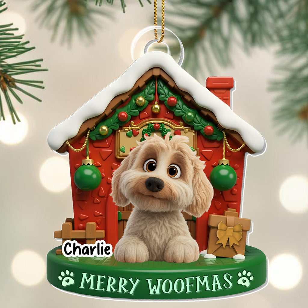 Merry Woofmas With Cute Dog In Decorated Doghouse