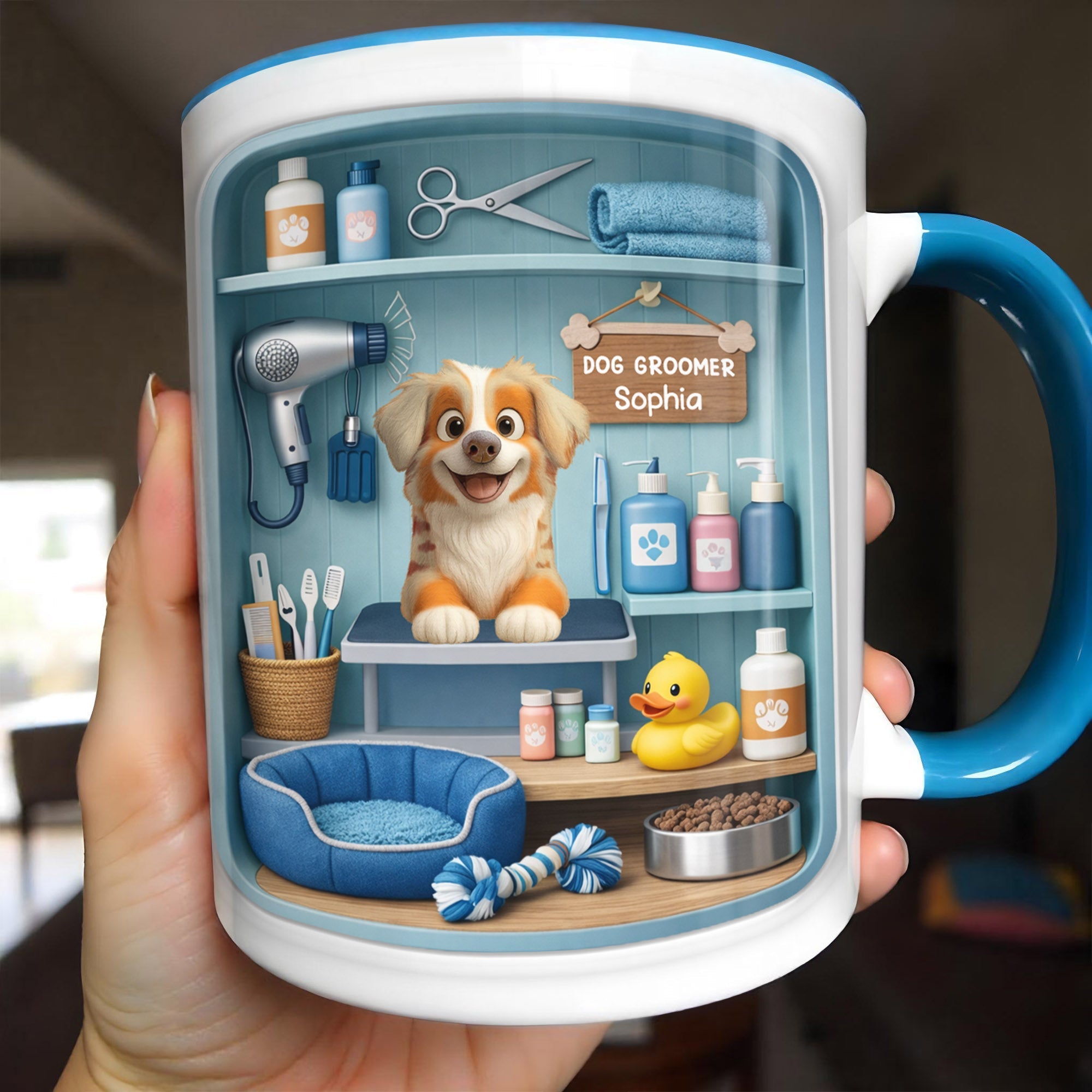 Dog Groomer With Adorable Puppy And Grooming Tools Design