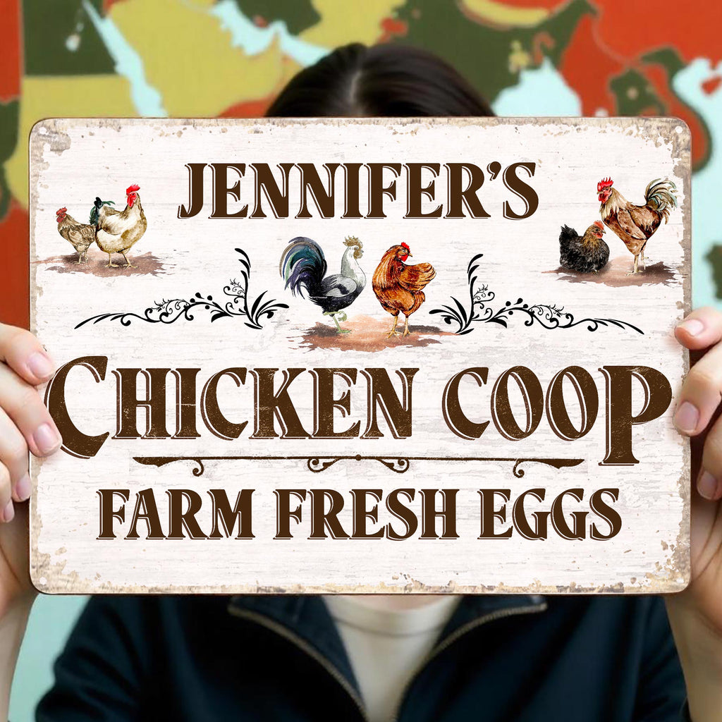 Chicken Coop, Farm Fresh Eggs With Colorful Chickens Design - Personalized Metal Sign - FAM034_MSIGN