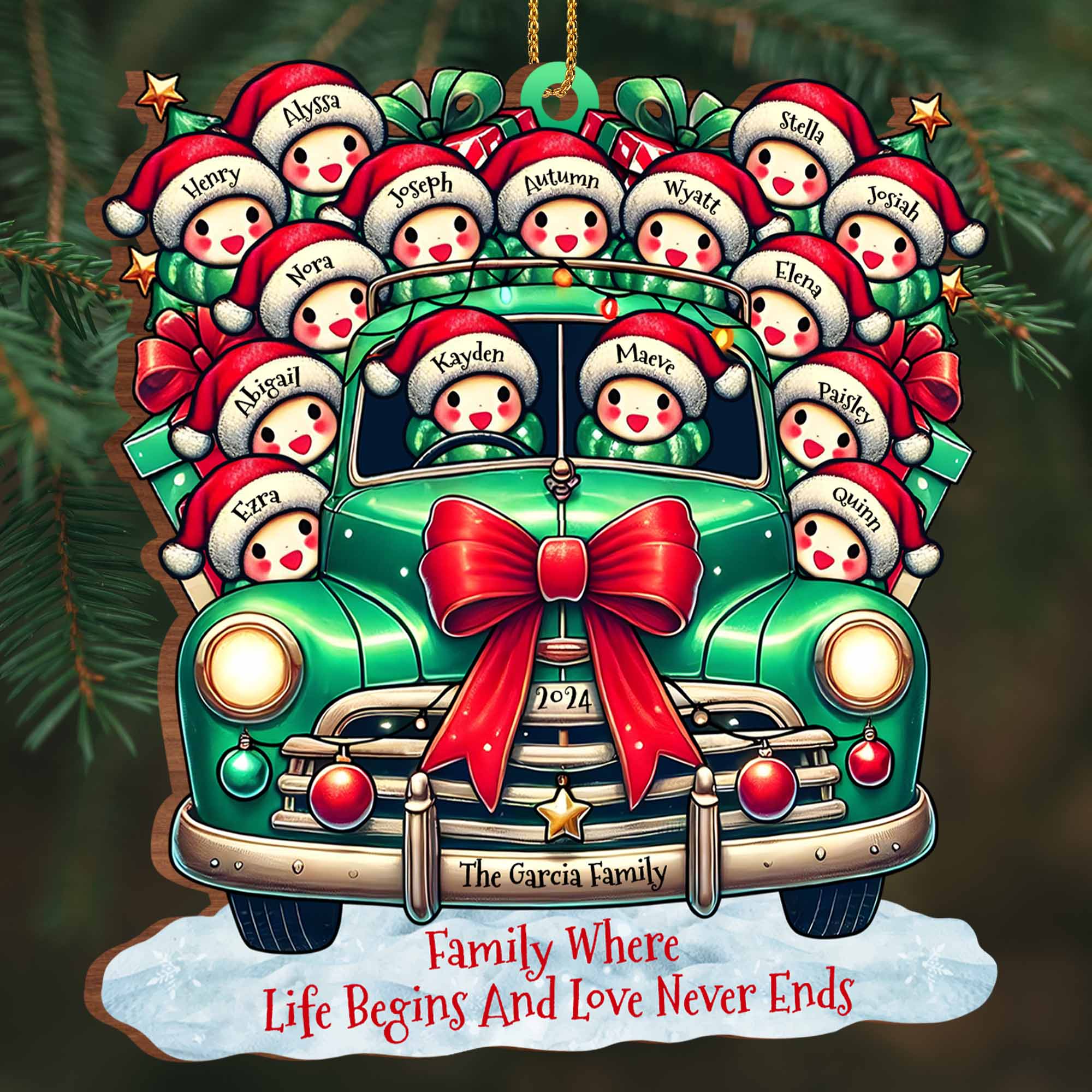 Vintage Truck Christmas Family Ornament With Gifts And Bow