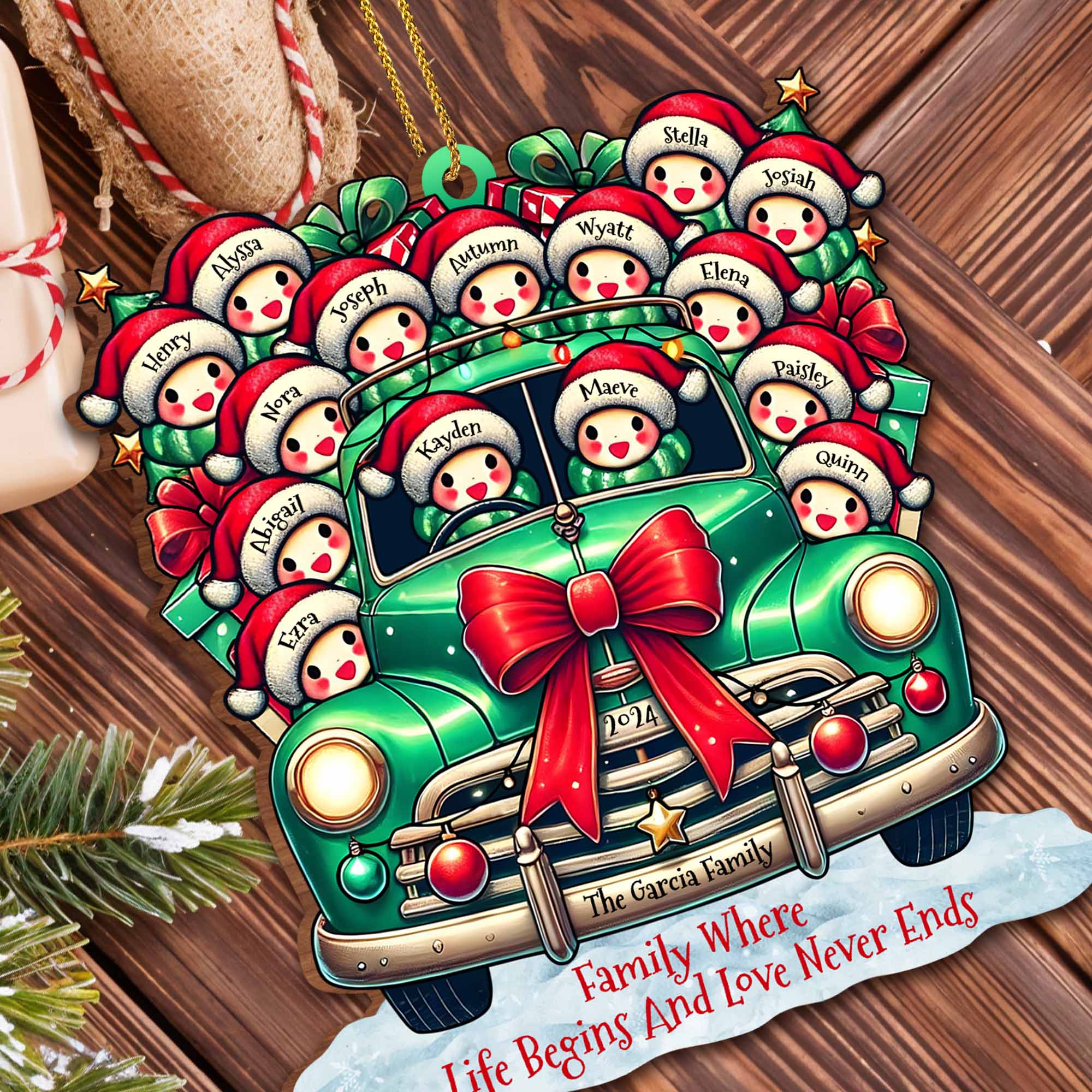Vintage Truck Christmas Family Ornament With Gifts And Bow