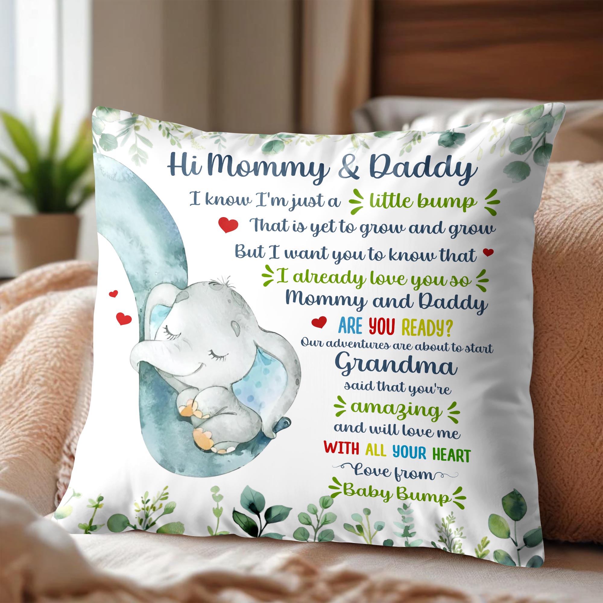 Hi Mommy & Daddy, Little Elephant And Leaves Design
