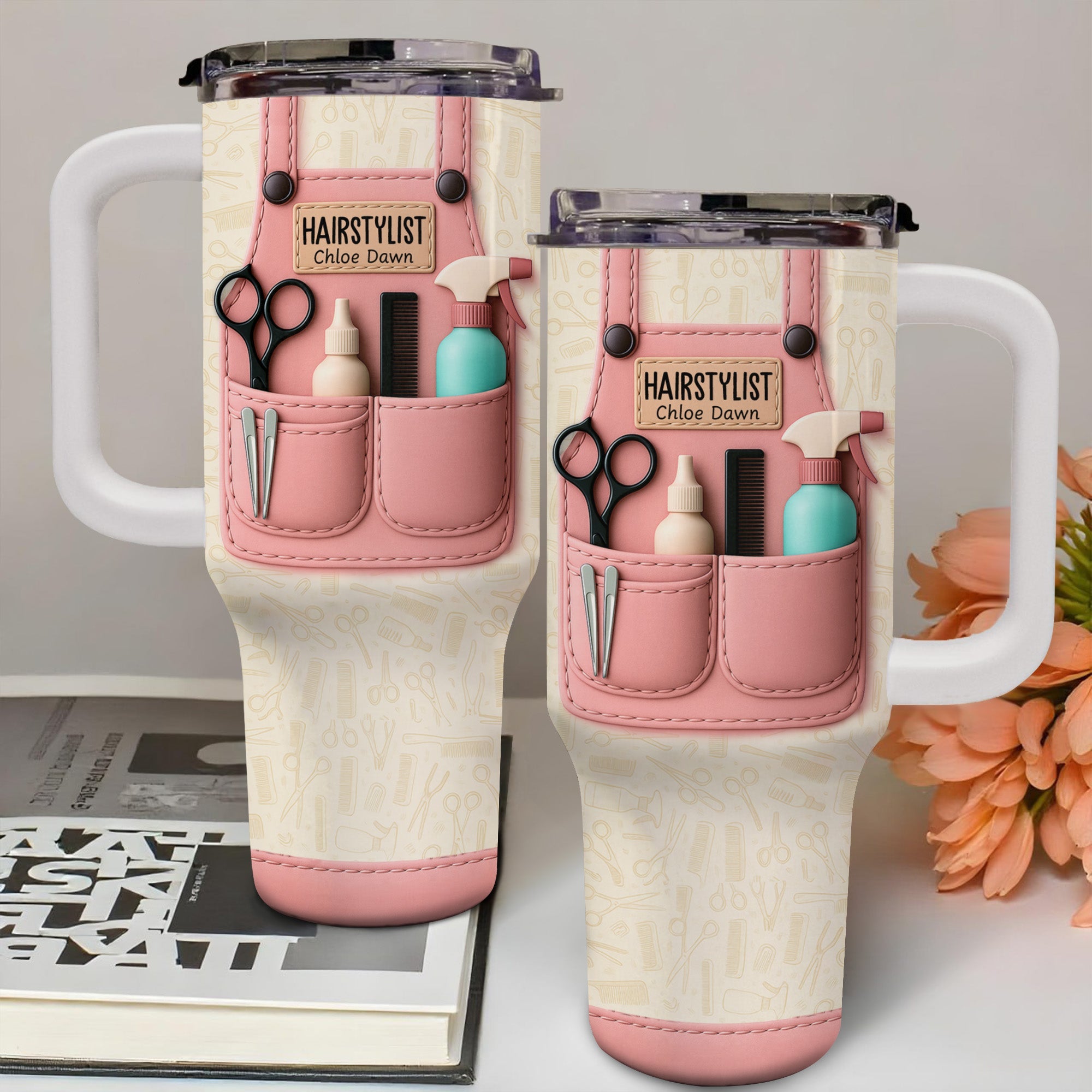 Hairstylist Tumbler With Scissors, Hair Dryer, Comb