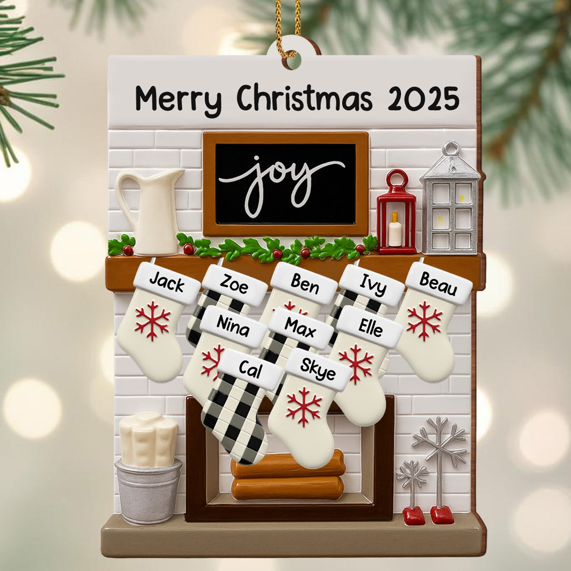 Merry Christmas Joy Stockings and Lantern - Personalized Custom Wood Ornament, Custom Shaped - FAM423_WDO