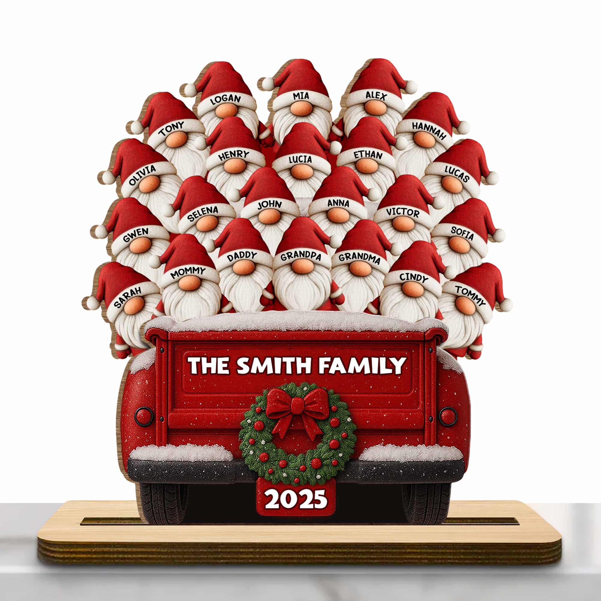 Celebrate Your Family's Unique Bond With Festive Gnomes And Red Truck - Personalized Custom 2-Layer Wood Plaque With Flat Base - FAM440_WPLA