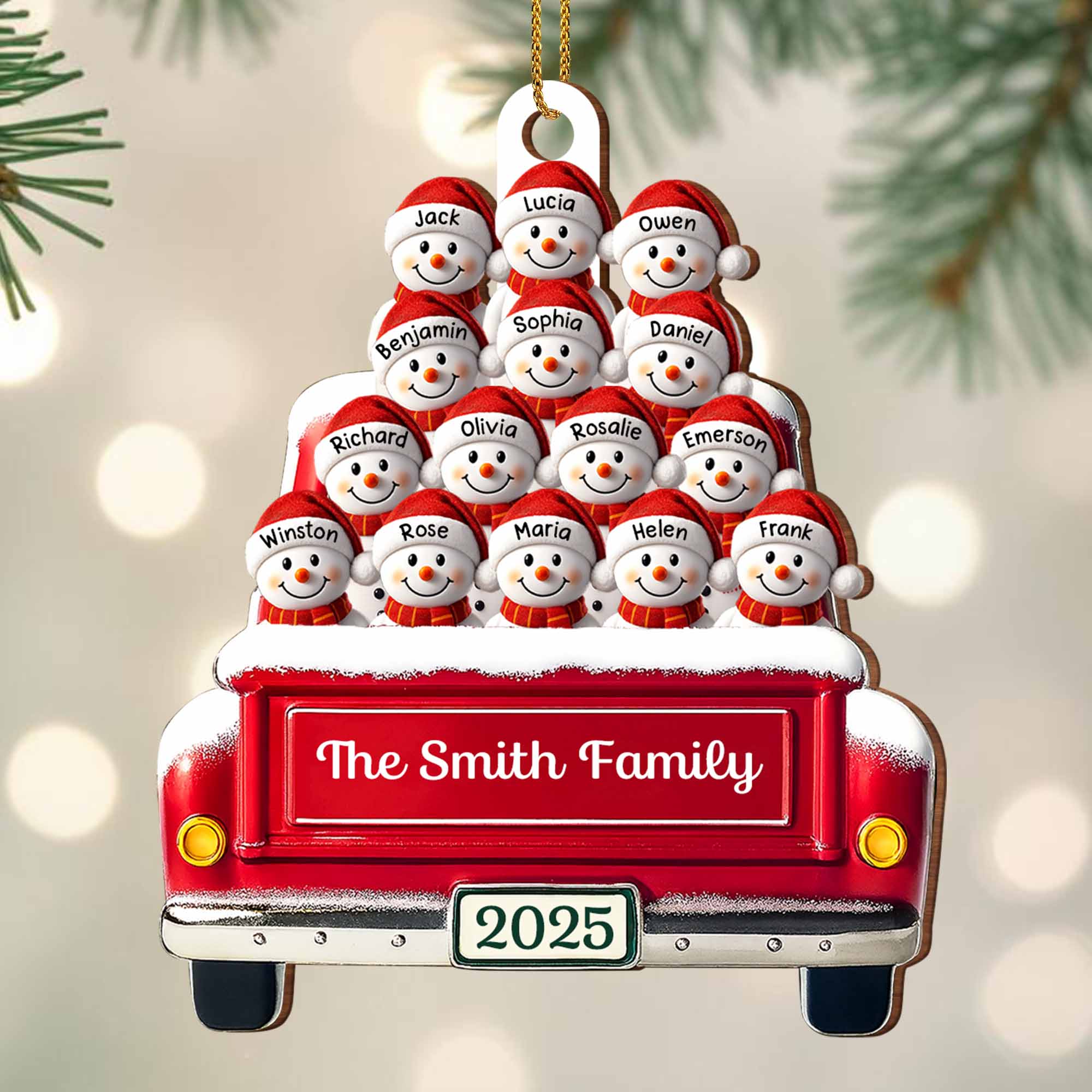 Festive Family Holiday Moments With Decorative Bus And Snowmen - Personalized Custom Wood Ornament, Custom Shaped - FAM447_WDO