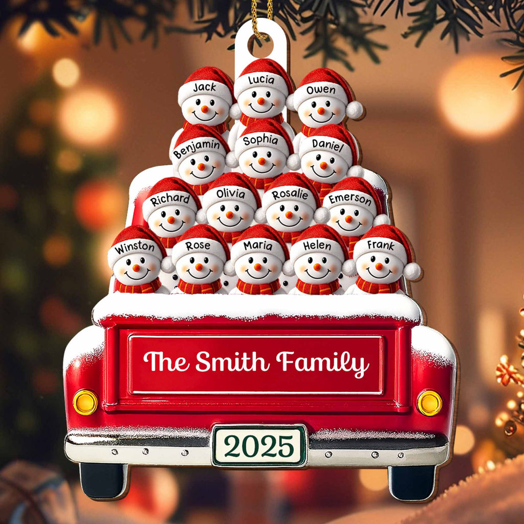 Festive Family Holiday Moments With Decorative Bus And Snowmen - Personalized Custom Wood Ornament, Custom Shaped - FAM447_WDO
