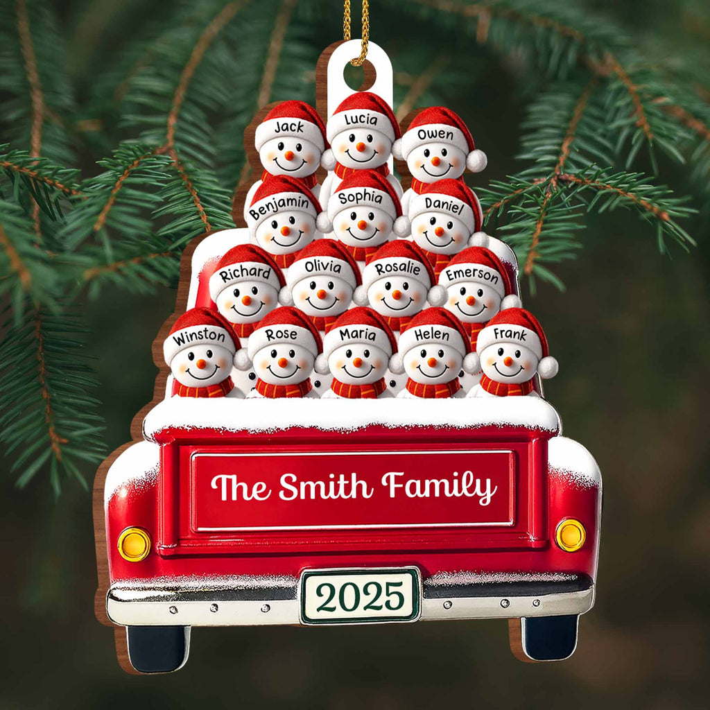 Festive Family Holiday Moments With Decorative Bus And Snowmen - Personalized Custom Wood Ornament, Custom Shaped - FAM447_WDO
