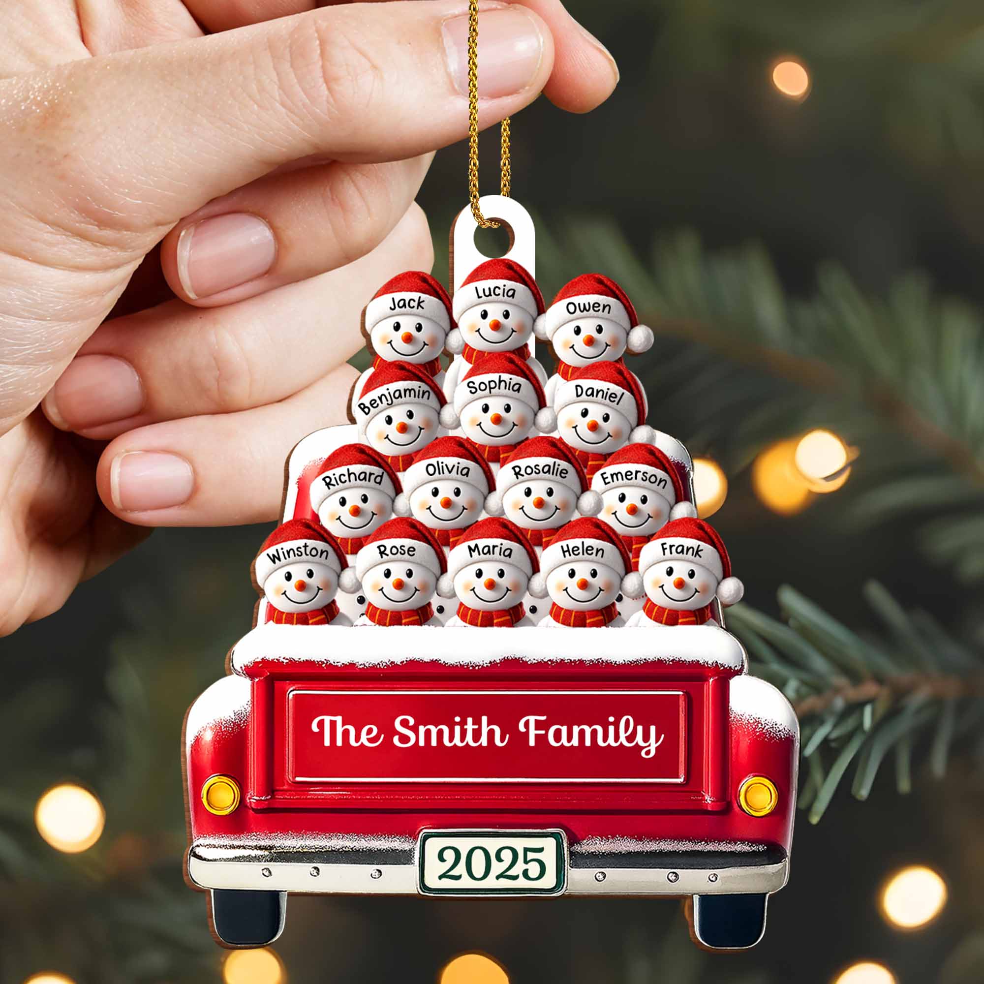 Festive Family Holiday Moments With Decorative Bus And Snowmen - Personalized Custom Wood Ornament, Custom Shaped - FAM447_WDO