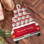 Festive Family Holiday Moments With Decorative Bus And Snowmen - Personalized Custom Wood Ornament, Custom Shaped - FAM447_WDO