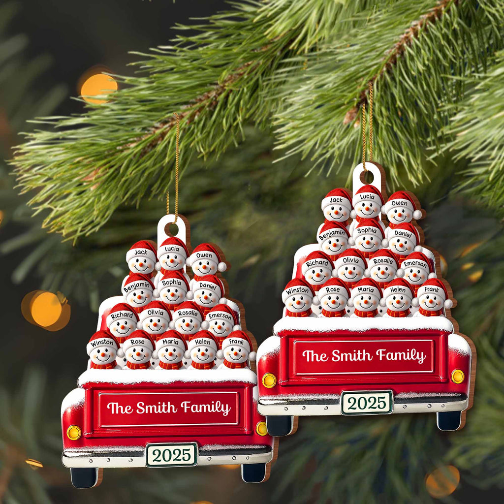 Festive Family Holiday Moments With Decorative Bus And Snowmen - Personalized Custom Wood Ornament, Custom Shaped - FAM447_WDO