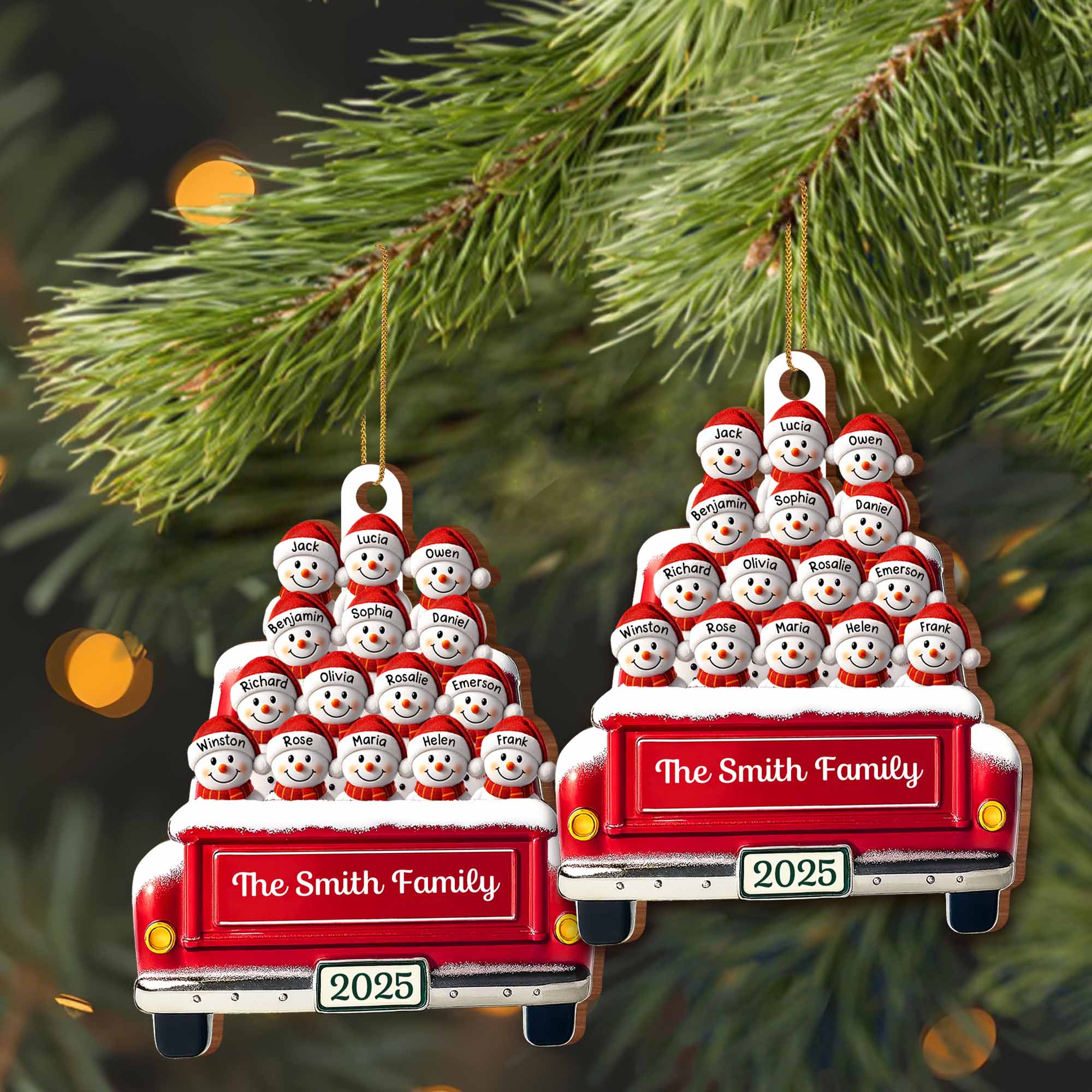 Festive Family Holiday Moments With Decorative Bus And Snowmen - Personalized Custom Wood Ornament, Custom Shaped - FAM447_WDO