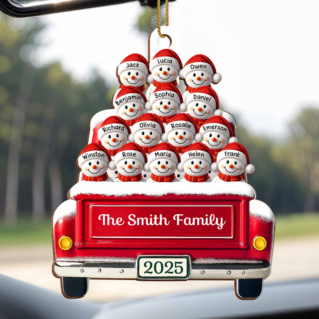 Festive Family Holiday Moments With Decorative Bus And Snowmen - Personalized Custom Wood Ornament, Custom Shaped - FAM447_WDO