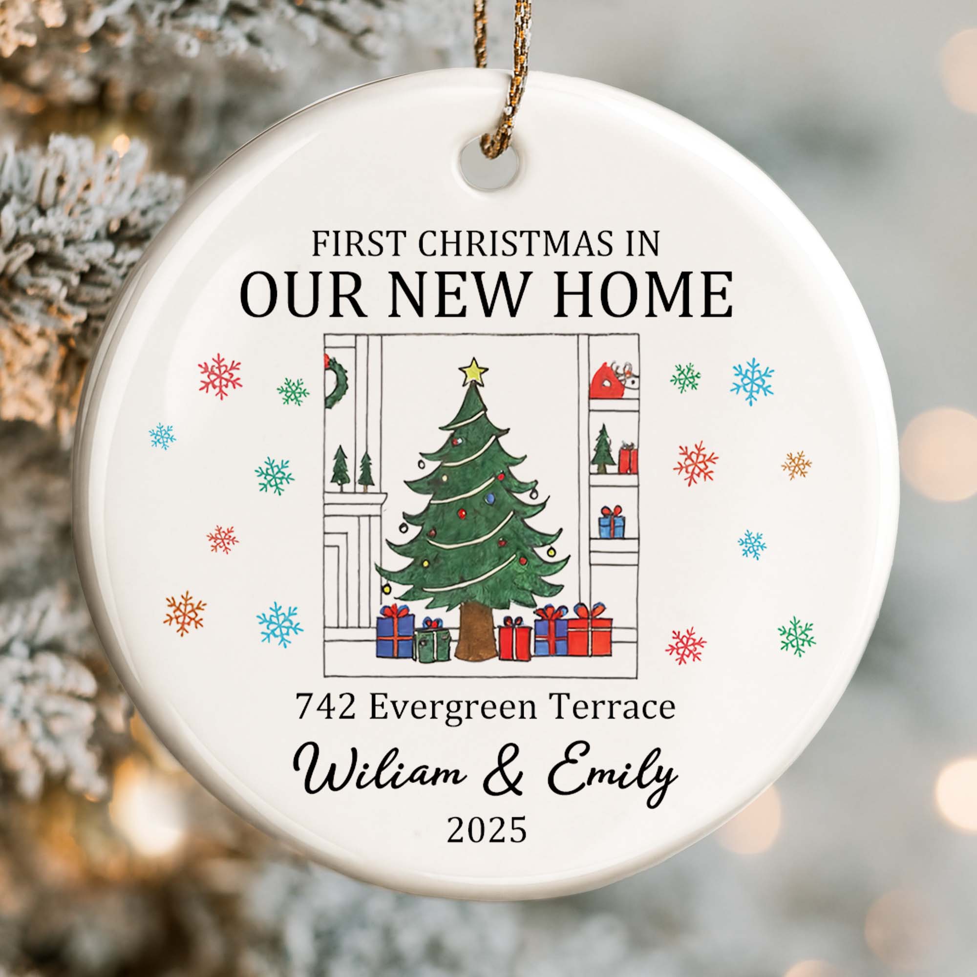 First Christmas In Our New Home With Christmas Tree And Gifts