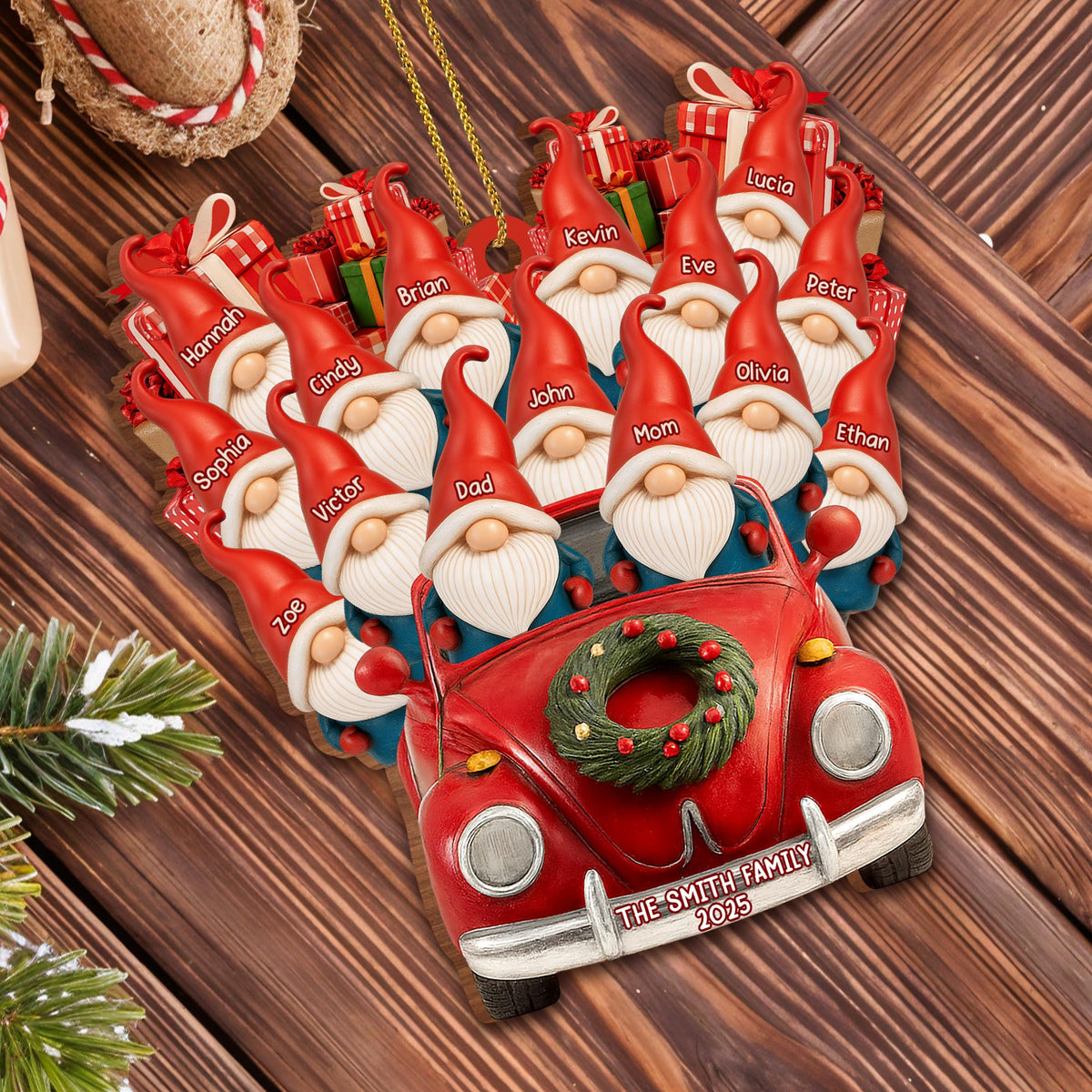 Family Christmas Ornaments With Santa Hats And Red Car