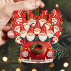 Family Christmas Ornaments With Santa Hats And Red Car
