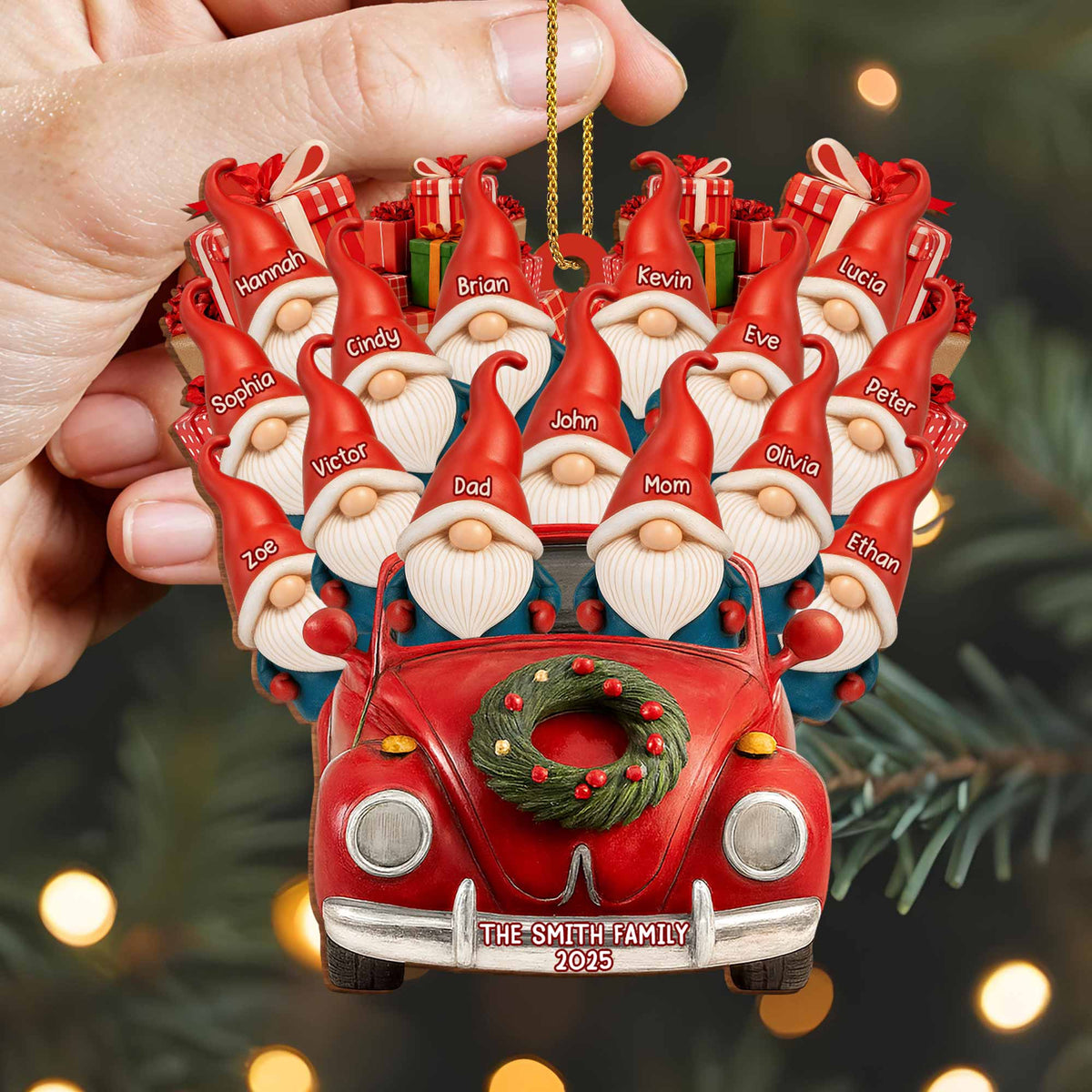 Family Christmas Ornaments With Santa Hats And Red Car