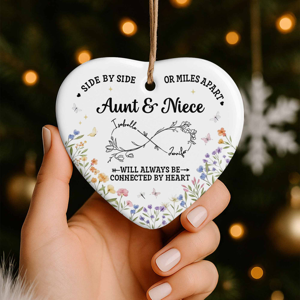 Side By Side Or Miles Apart, Heart Shape With Floral Design - Personalized Custom Ceramic Ornament With Heart Shape - FAM778_HCE