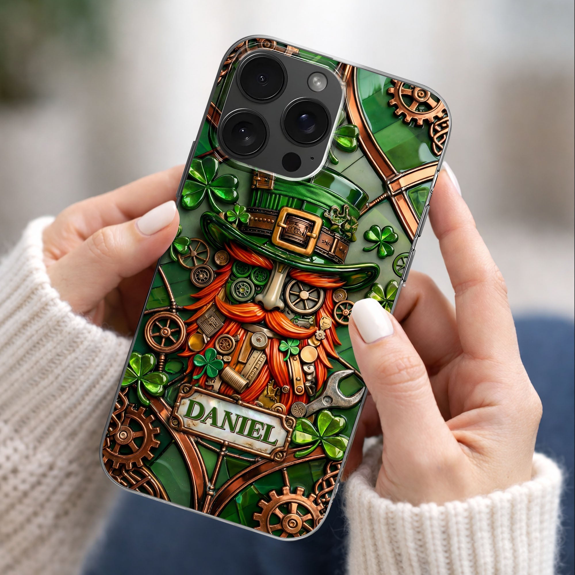 Steampunk Leprechaun With Shamrocks And Mechanical Gears Luck Design - Personalized Clear Phone Case - FAM804_PHC
