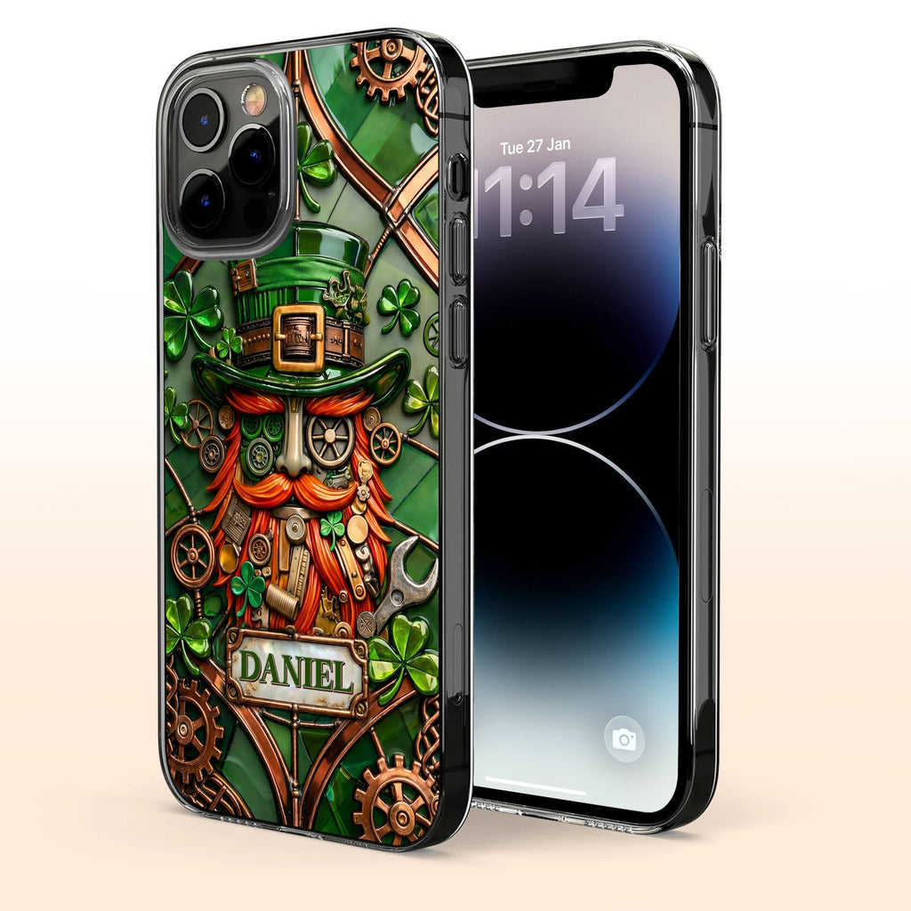 Steampunk Leprechaun With Shamrocks And Mechanical Gears Luck Design - Personalized Clear Phone Case - FAM804_PHC