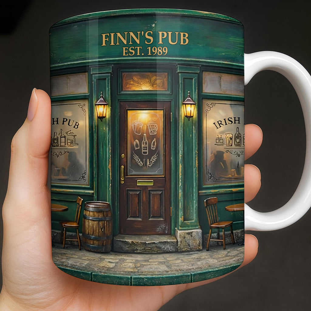 Our Pub Featuring Green Irish Pub Storefront With Barrel And Chairs